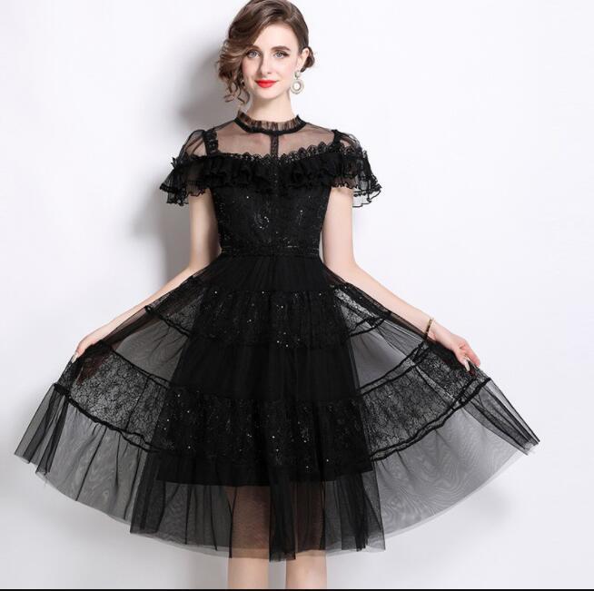 Womens Fashion Mesh See Through Sequin Falbala Knee Length Flared Dress  Party