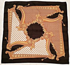 VINTAGE AUTHENTIC BAROQUE ART BLACK YELLOW BROWN CHIFFON 34" SQUARE SCARF