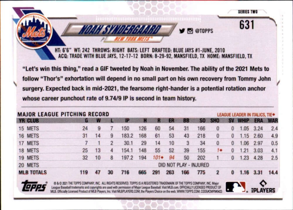 2021 Topps #631 Noah Syndergaard New York Mets Baseball Card | eBay