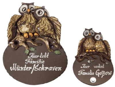 DESI-SCHILDER Eule-Eulenpaar-Keramik-17 x 15 cm-Ton-Türschild-Klingel-Schild-incl. Text