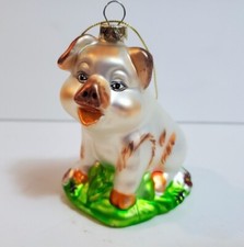 Super Cute Blown Glass Sitting PIG Christmas Ornament 4"