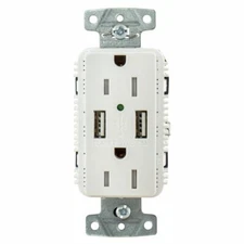 Hubbell USB15A5W White Outlet Dual 15 Amp 125v 2-Pole and Dual 5 Amp 5v USB Por