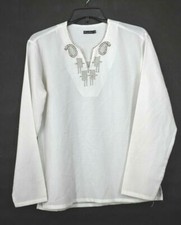 Kurta Women's Embroidered White Long Sleeve Henley Neck Side Slit Tunic Kurta XL