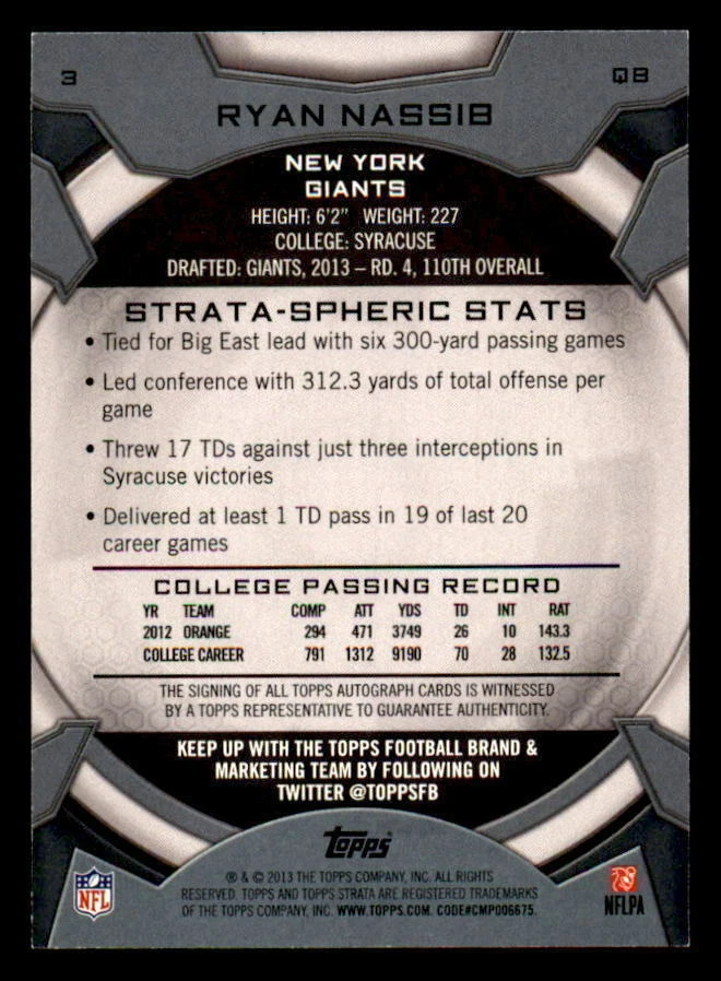 2013 Topps Strata Autographs Green #3 Ryan Nassib Rookie Auto #/50 (ref 26135) - Image 2 of 2