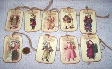 9~Christmas-Vintage-Old World-Santa-Holiday-Prim-Linen Cardstock-Gift-Hang-Tags