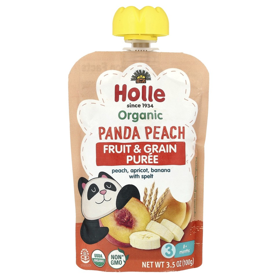 Organic Fruit & Grain Puree, Panda Peach, 8+ Months, Peach, Apricot, Banana With