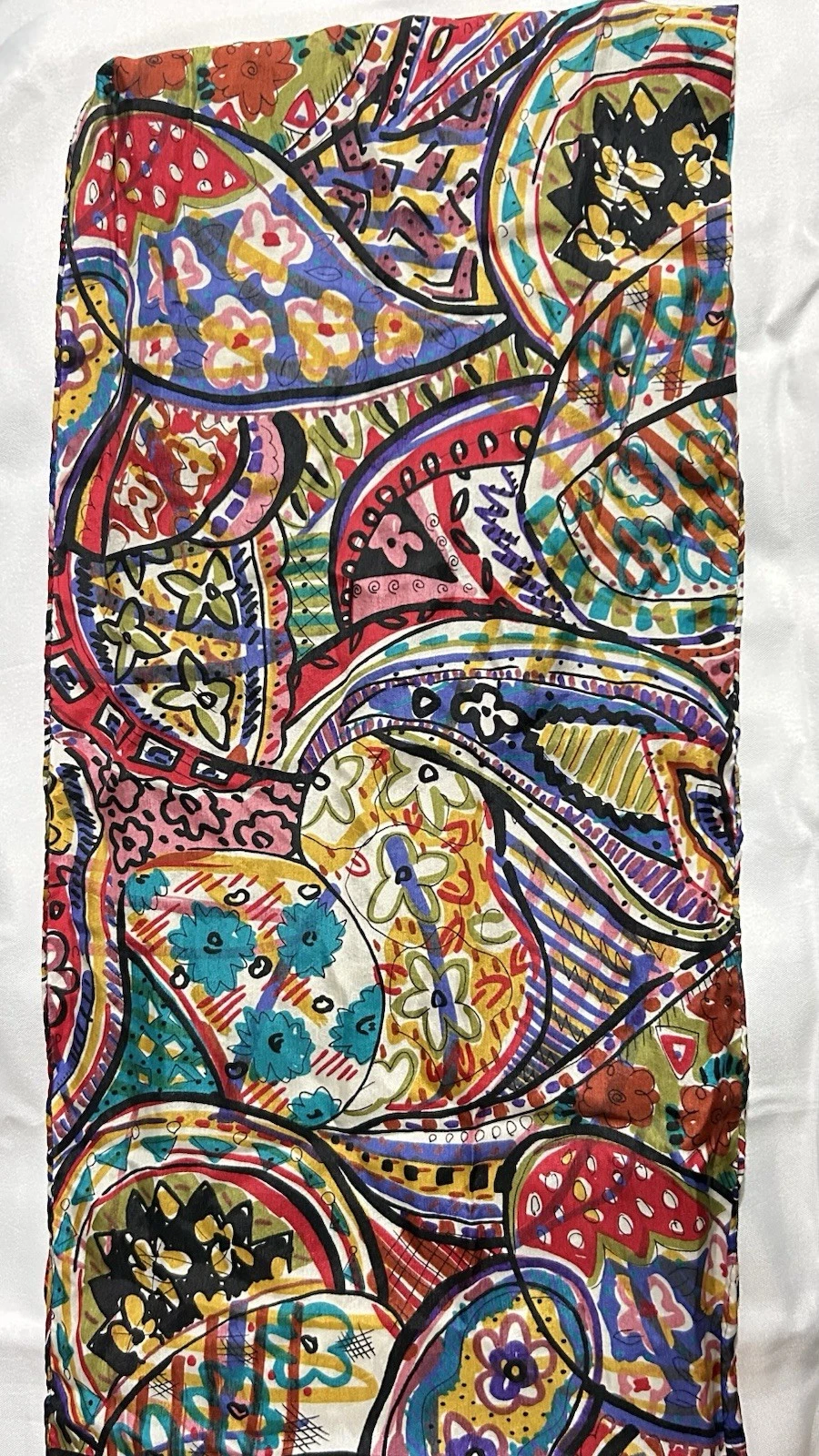Colorful Kashmiri KALAMKARI Pure Silk Hand-Painted Scarf Wrap 82” X 10.5” Fringe