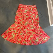 Sag Harbor Red Tropical Floral Mermaid Midi Tiered Skirt 8 Flare Hem Hawaiian