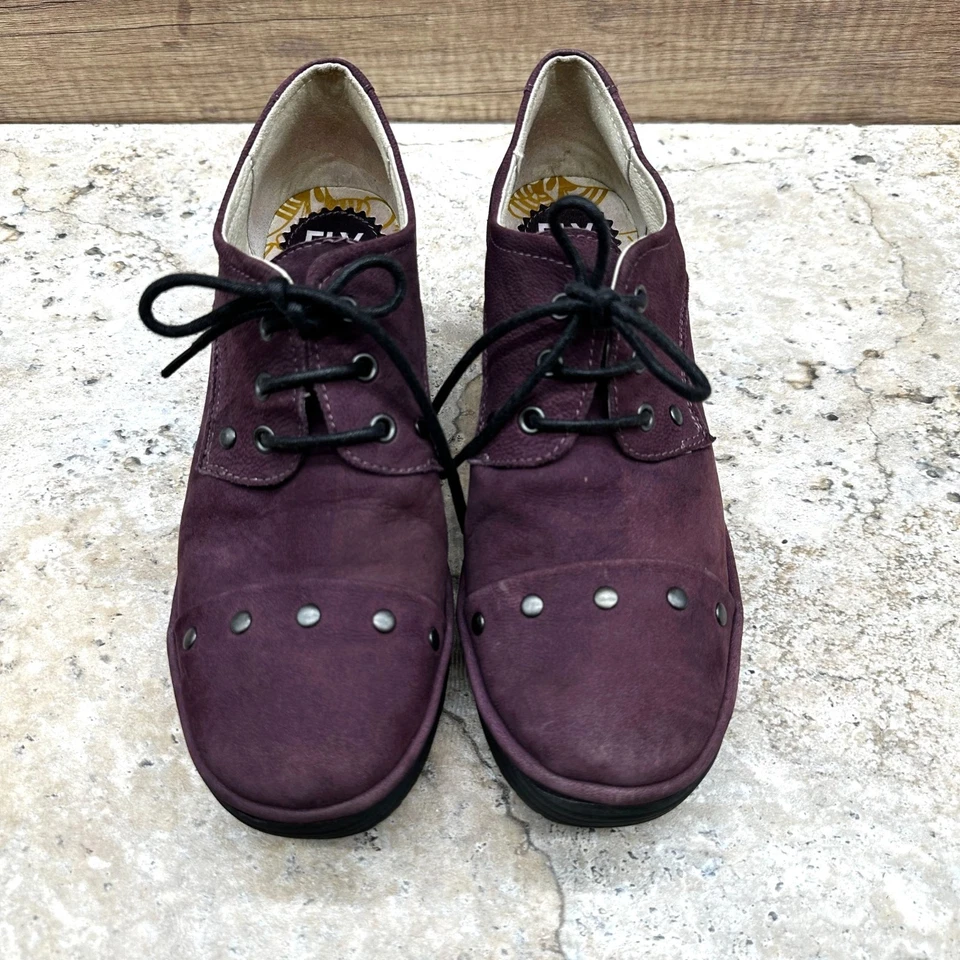 Fly London Mujer’s 39 Borgoña Gamuza Con Cordones Tachonado Cuña Oxford Zapatos Plataforma Foto 2 de 4