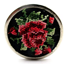Vintage Hand Embroidered Red & Pink Rose Scarf Clip Signed Western Germany