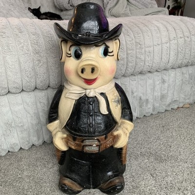 Rare 1950 Vintage JUMBO Chalkware Sheriff Pig Piggy Bank Western