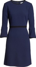 Eliza J Piped Trim Bell Sleeve Fit & Flare Dress Size 8P Navy & Black