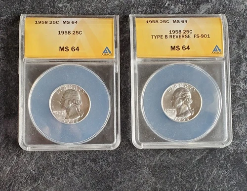 1958 Washington Quarter, Type B Rev., + Regular Strike  ANACS MS64