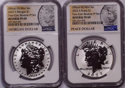 Official 2pc Set - 2023-S Reverse Proof $1 Morgan & Peace Silver Dollar NGC PF69