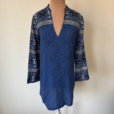 Tory Burch Cotton Gauze Blue Printed V-Neck Long Sleeve Tunic Mini Dress EUC 2