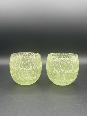 2 Vintage MCM Barware Green Colored Spaghetti String Roly Poly Glasses Tumblers