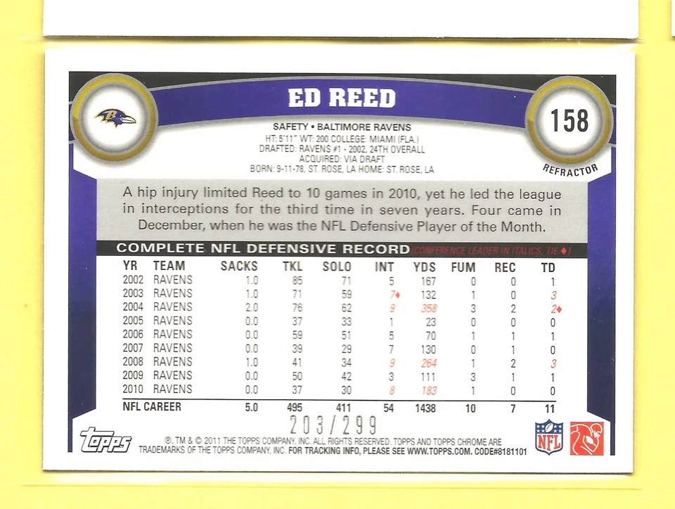 2011 Topps Chrome Black Refractor Ed Reed  /299 Ravens #158 - Image 2 of 2