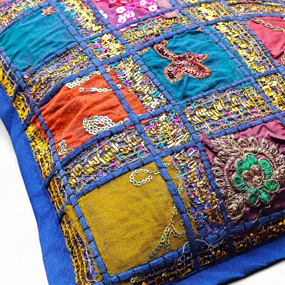 Handmade Indian Patchwork Decorative Cushion Cover - 16"x16" Boho Throw Pillow - Image 2 of 4