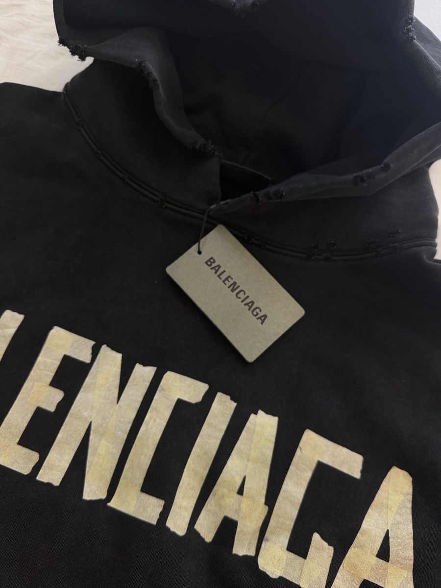 Balenciaga Tape Type Ripped Pocket Hoodie Oversized Black Faded