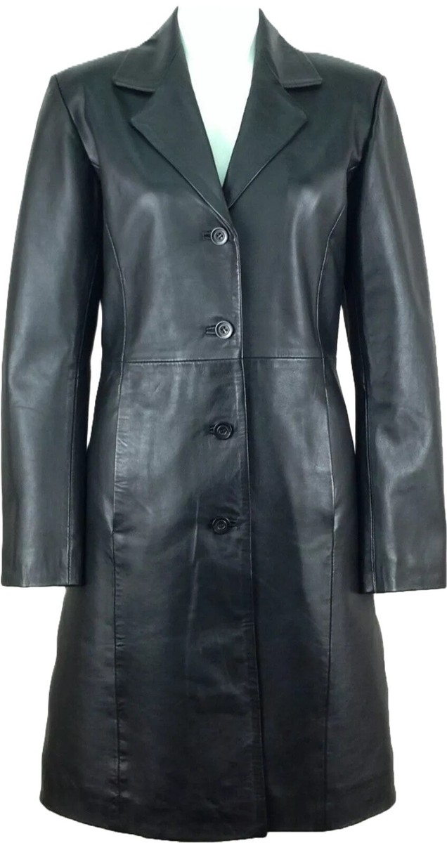 Women's Classic Black Trench Coat Genuine Lambskin Leather Long