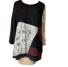 Ali Miles Womens Large Top Mixed media art to wear black red ivory floral lace