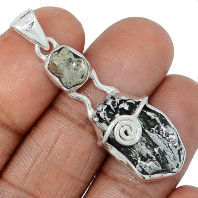 Natürlicher Meteorit Campo del Cielo & goldener Pyrit 925 Silber Anhänger CP66232