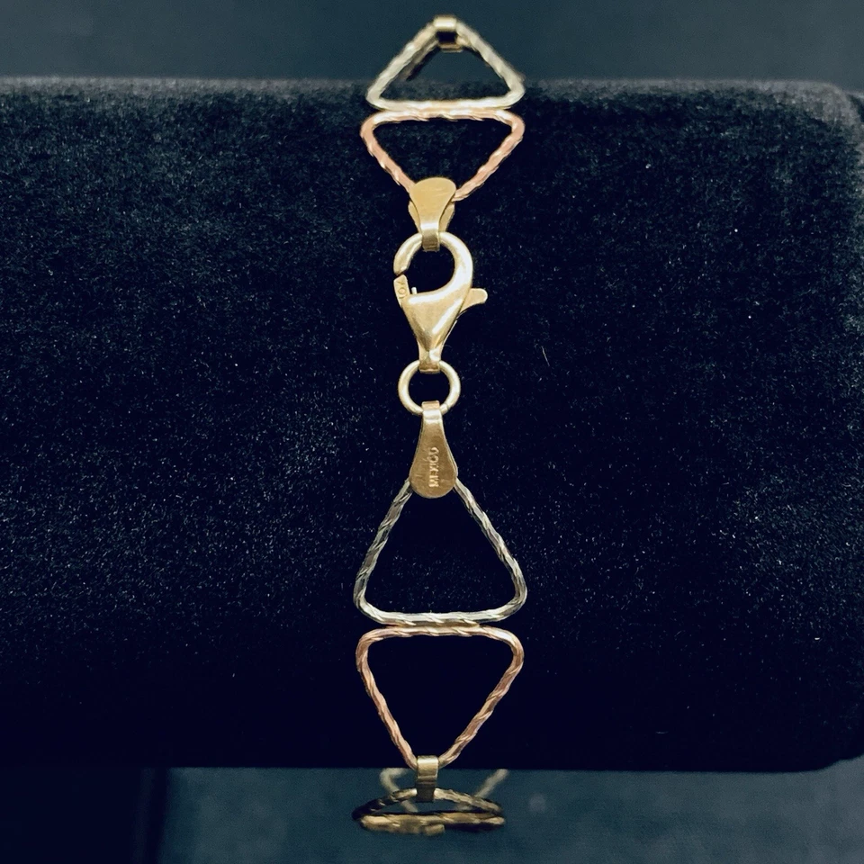 10k Yellow Gold Rose Gold White Gold 3 Tone Bow Tie Link Triangle Bracelet 7.5” - Image 2 of 4