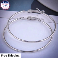 Women Fashion 925 Sterling Silver Plated Hoop Thin Earrings Large 40mm Round