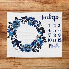 Personalized Dark Blue Floral Baby Milestone Blanket