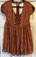 Free People XS Dress Short Bohemian Geo Rayon Open Back Rust Fall