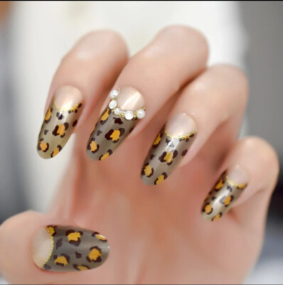 24 Press on nails Kit w Glue Flintstones long oval almond leopard animal print