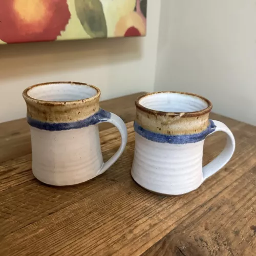 Studio Art Pottery Mugs Hand Thrown Signed White/Blue/Brown  8oz. *Lot of 2*