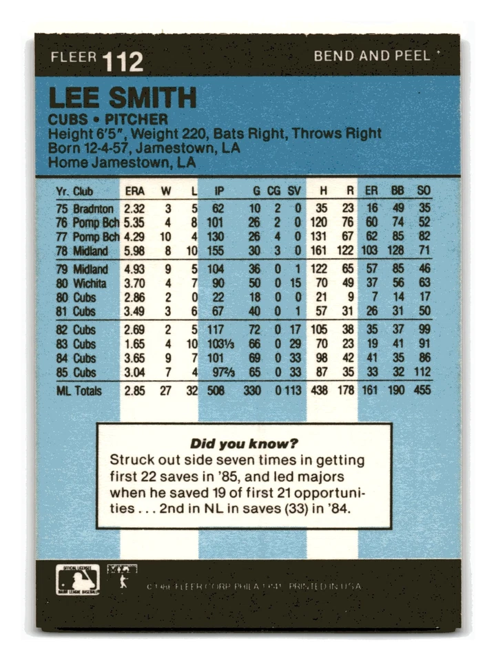 Lee Smith 1986 Fleer Star Stickers #112 Chicago Cubs NM-MINT - Image 2 of 2