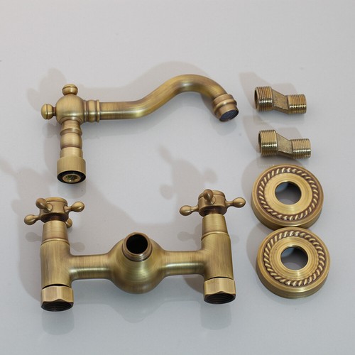 Antique Brass Bathroom Wall Mounted Faucet With Double Handle Mixer Taps - Picture 5 of 8