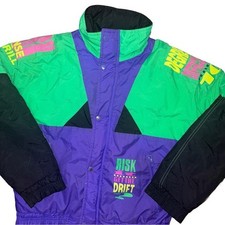 Vintage 90s Steep Slopes Retro Graphic Kids Ski Winter Snow Puffer Jacket Neon