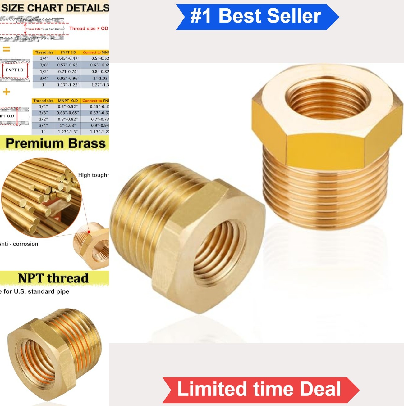 3/4 Male NPT to 3/8 Female NPT Reducer Hex Bushing Heavy Duty Brass Pipe Fitting