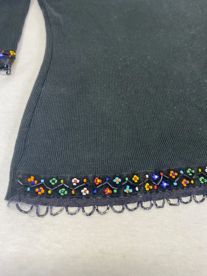 Camisa Vintage Negra Seda LG Floral Borde Con Cuentas Manga 3/4 Blusa Y2K Top Foto 3 de 4