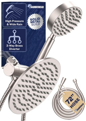 #ad HammerHead Showers® Solid Metal Dual Shower Head Combo – BRUSHED NICKEL – 8 I... $231.33