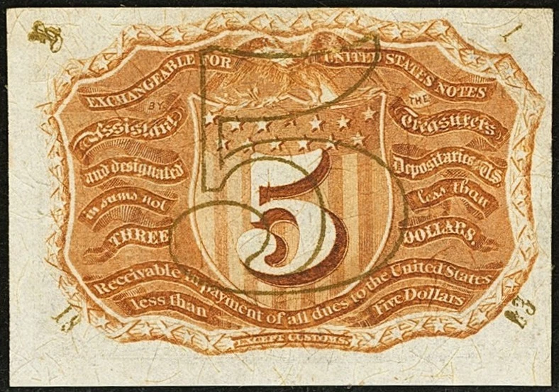 FR 1235 - 5c SECOND ISSUE FRACTIONAL FIBER PAPER w/ "18-63" "R-1" - PCGS 61 NEW - Image 4 of 4