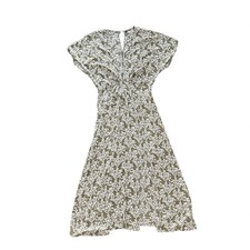 Green White Floral Midi Keyhole Flutter Sleeve A-Line Dress Women