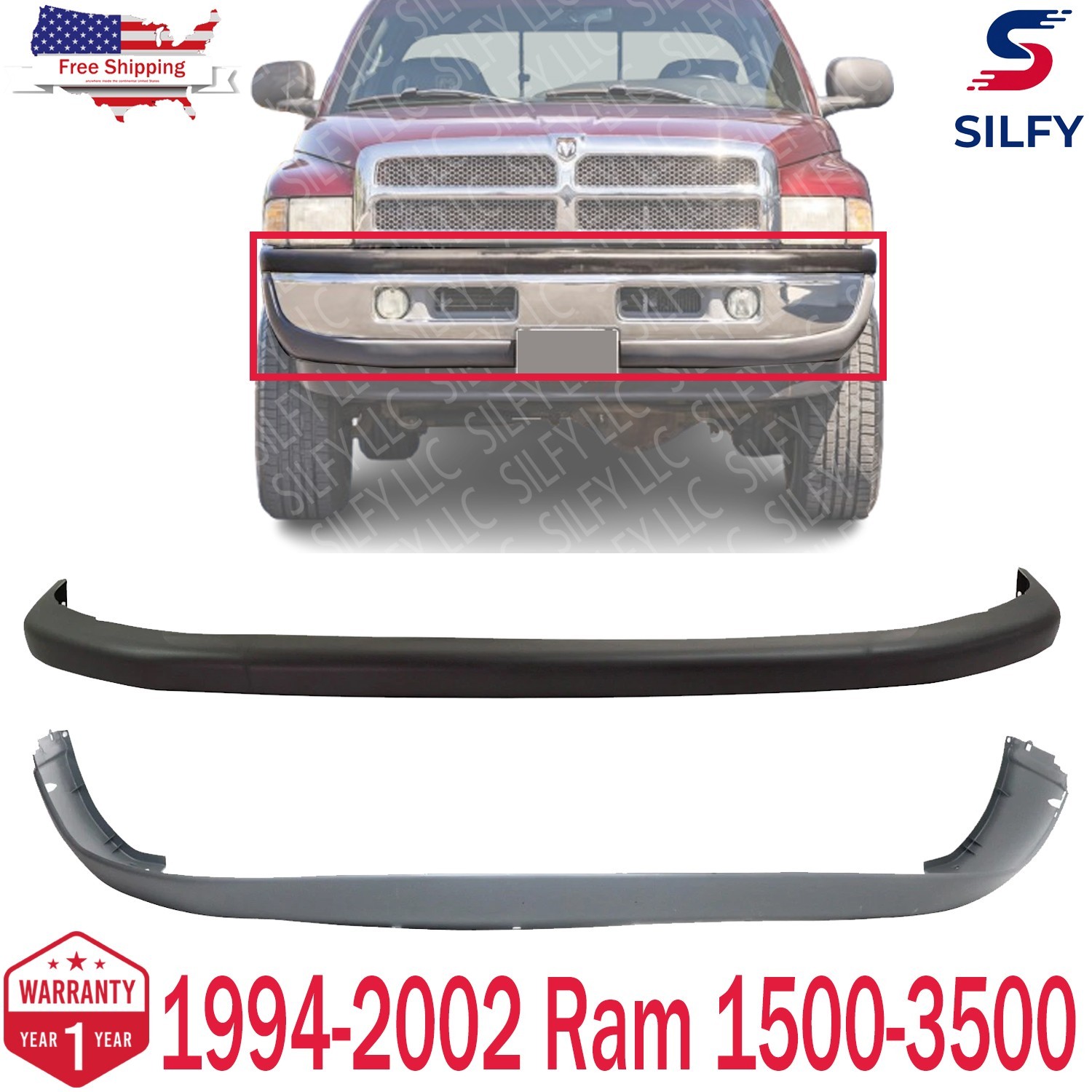 Front Upper Lower Bumper Fascia For 1994-01 Dodge Ram 1500 94-01 Dodge Ram 2500