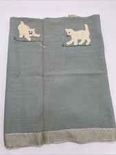 Vintage Baby Blanket Kittens Cats Playing Yarn Applique Blue Green Satin Trim