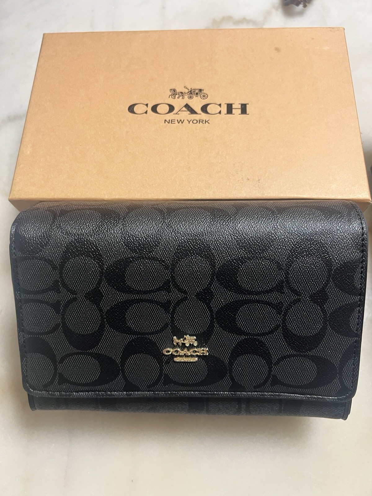 Coach Women’s Trifold Wallet Black/Gray Signature Logo, Folding Credit Card