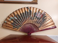 Vintage Large Chinoiserie Gilt Paper Fold Out Hand Fan with Peacocks and Flowers
