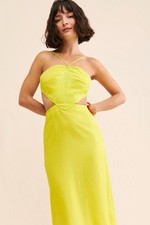 $198 FARM Rio Yellow Linen Cutout Halter Open Back Monstera Midi Dress M Medium