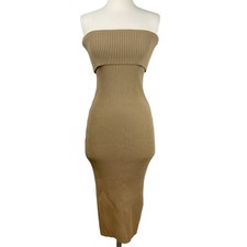 ZARA Women's Rib Knit Strapless Foldover Bandeau Tan Brown Midi Dress Size M