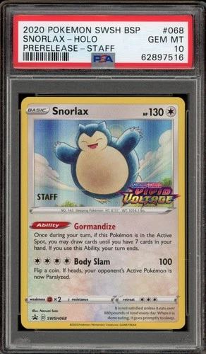 Pokemon Snorlax Vivid Voltage STAFF Prerelease Holo Promo SWSH068 PSA 10