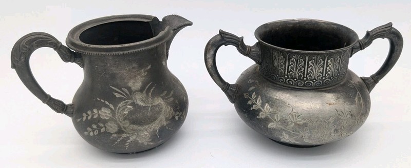 Antique Quadruple Plate Sugar And Creamer  Set Hand Engraved Decoration Patina