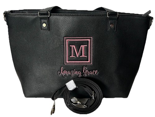 Thirty One Black Pebbled Tote With Crossbody Strap Embroidered M & Amazing Grace - Picture 3 of 15