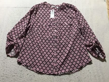 NEW Notations Button Blouse Plus Size 1X Pink Black Geometric Long Roll Tab